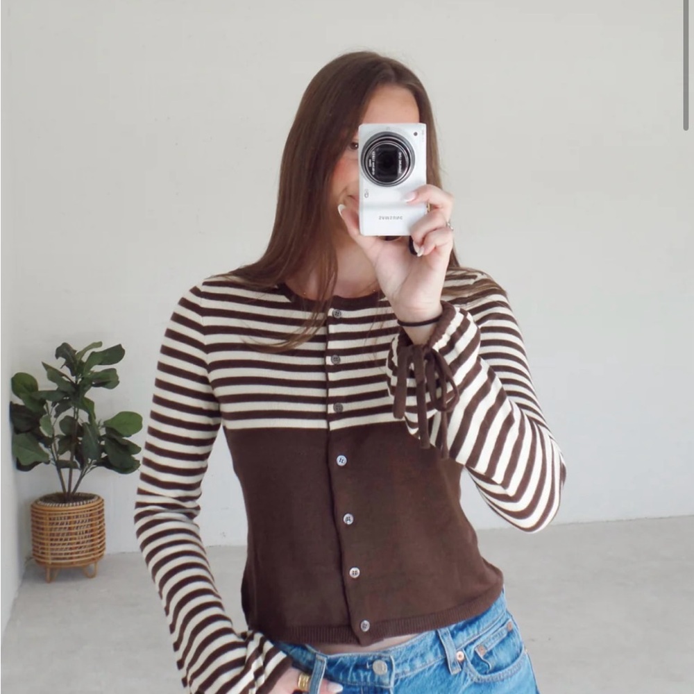 Brown and White Striped Blouse